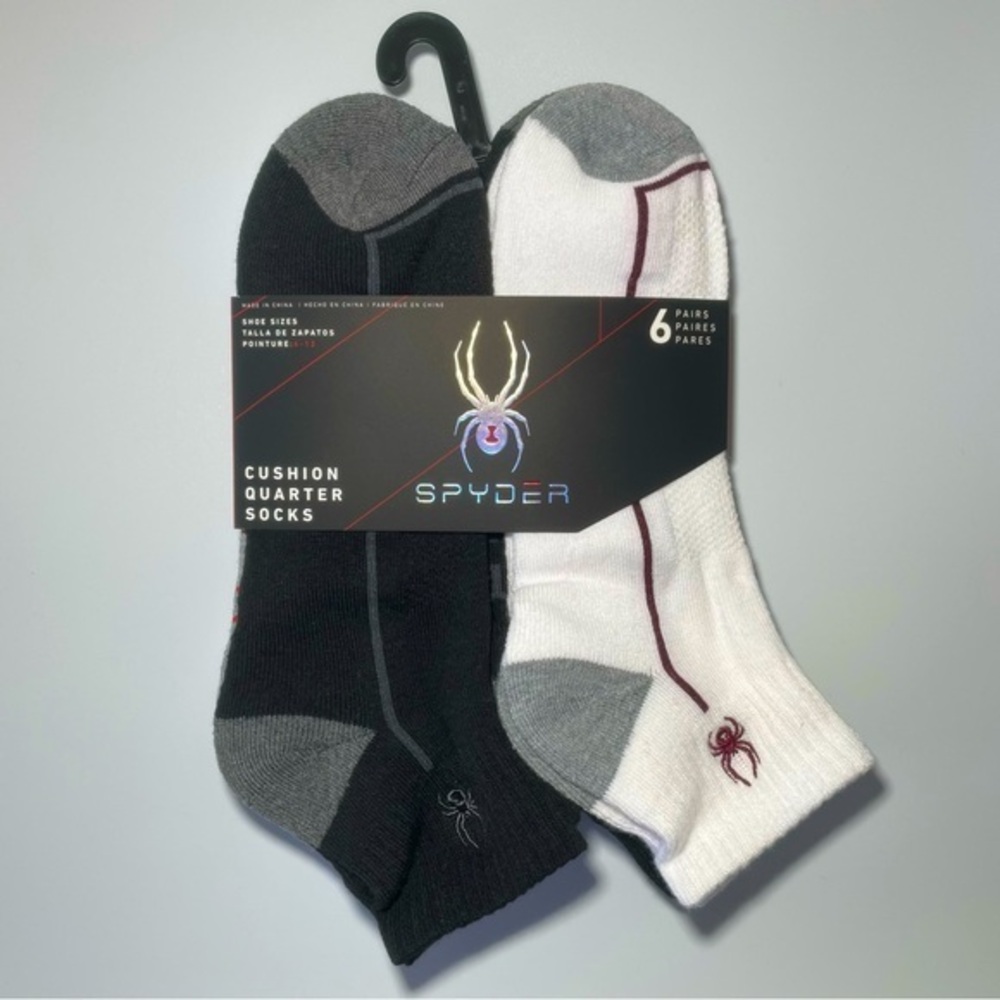 Spyder men’s quarter socks 6 pairs size 6-12 white black gray red maroon
